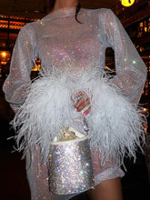 Sexy See-through Hollow Furry Splicing Long Sleeve Round Neck Fine Glitter Mesh Dress Furry Long Sleeve